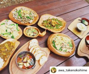 お外でタケノコ料理×杉のプレート